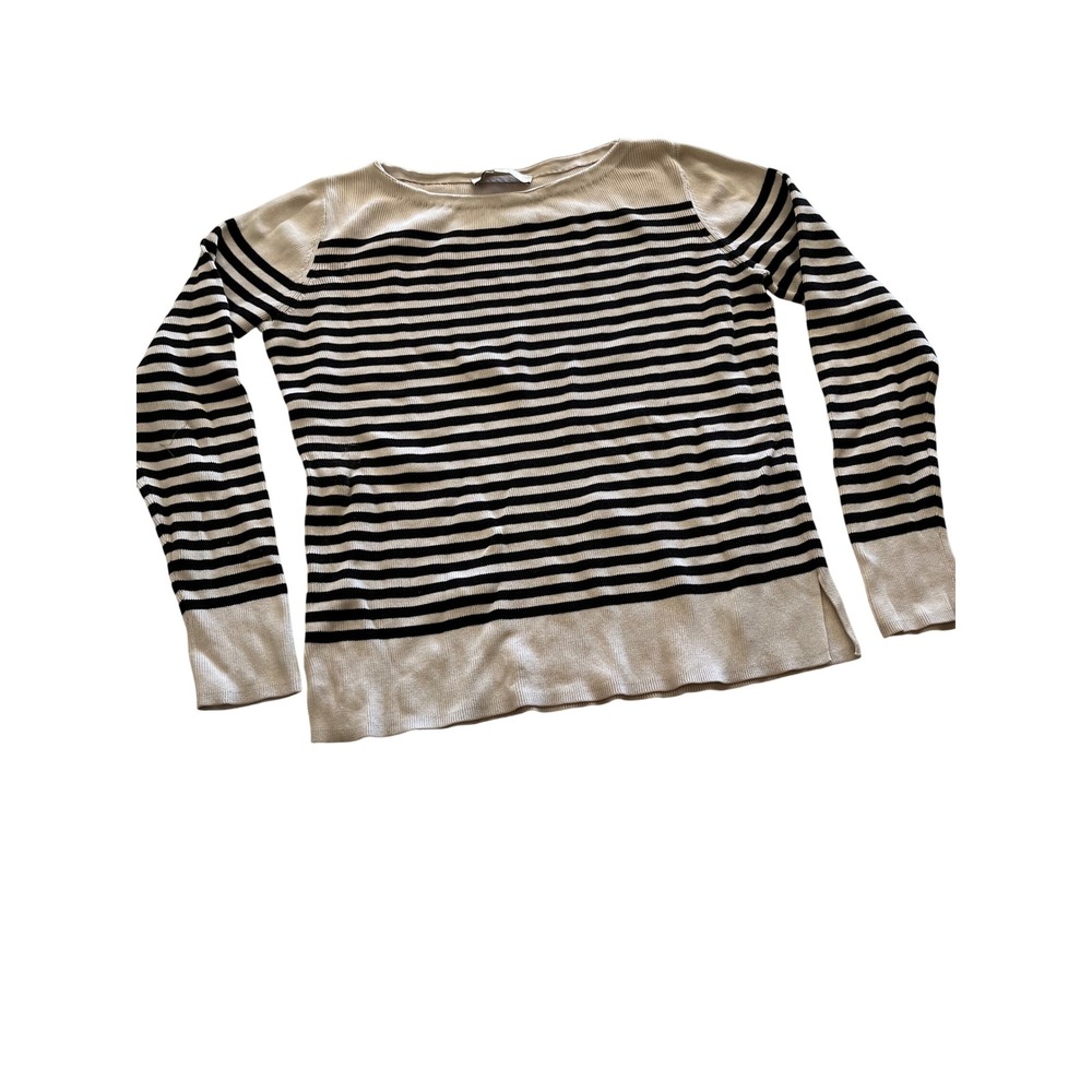 LOFT Womens Cream Black Striped Cotton Boat Neck Sweater Size M Long Sleeve
